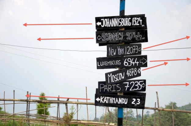ISO800, 58mm, f/5, 1/4000sec Signpost to the world Kakani, Nepal